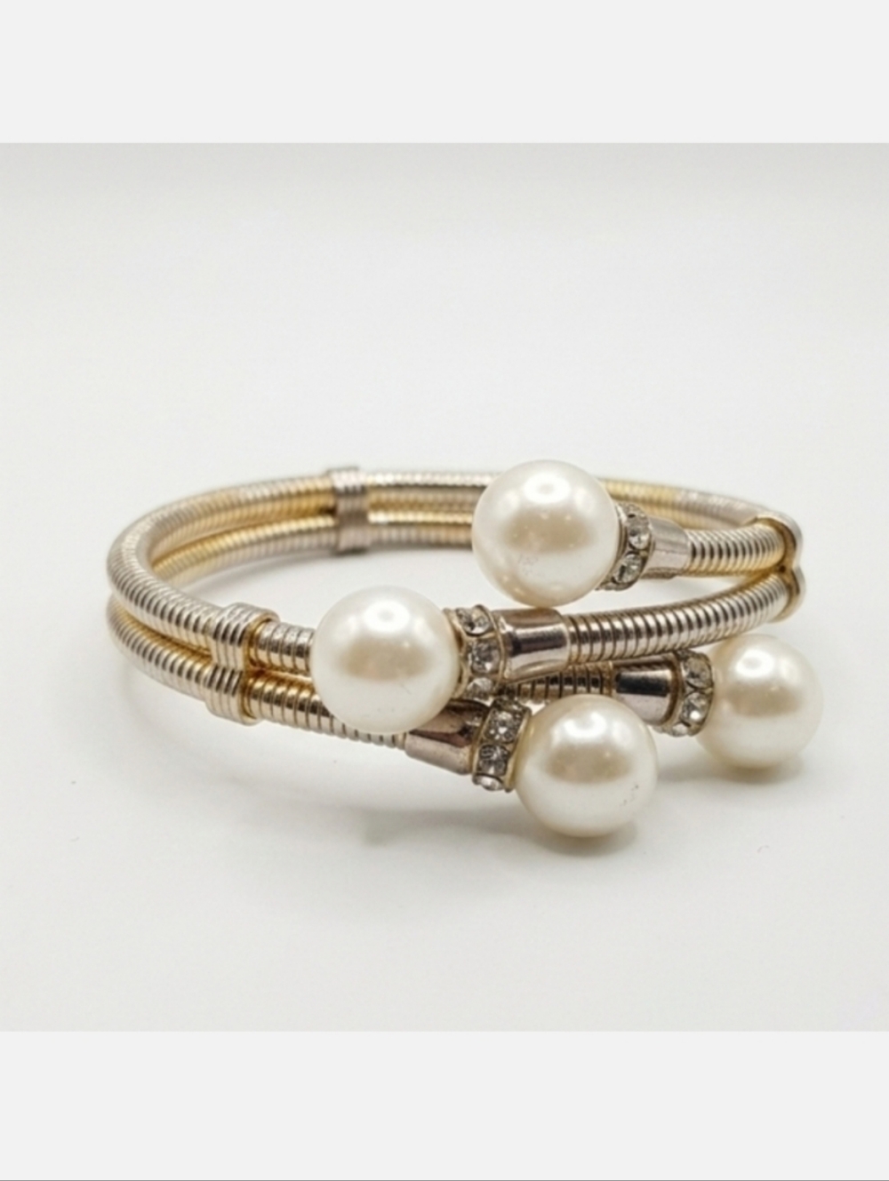 Vintage Faux Pearl Bangle Bracelet Rhinestone Accents Gold Tone Gas Pipe Bypass